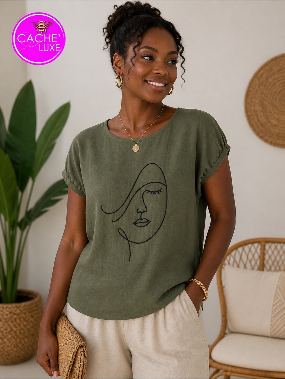 COCOMO Olive Graphic Blouse XL